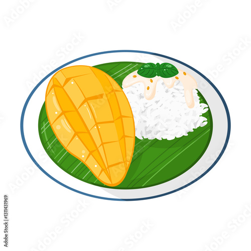 A vector illustration of mango sticky rice, a classic Thai dessert, served on a round plate with a banana leaf.