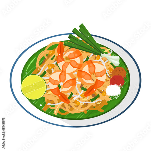 A vector illustration of Pad Thai, a popular Thai noodle dish, served on a round plate with fresh ingredients. This image captures the essence of this flavorful and iconic Thai street food.