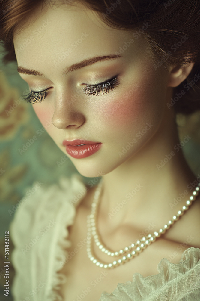 Beautiful retro girl with long eyelashes and pearl necklace against vintage interior background Beautiful retro girl with long eyelashes and pearl necklace against vintage interior background