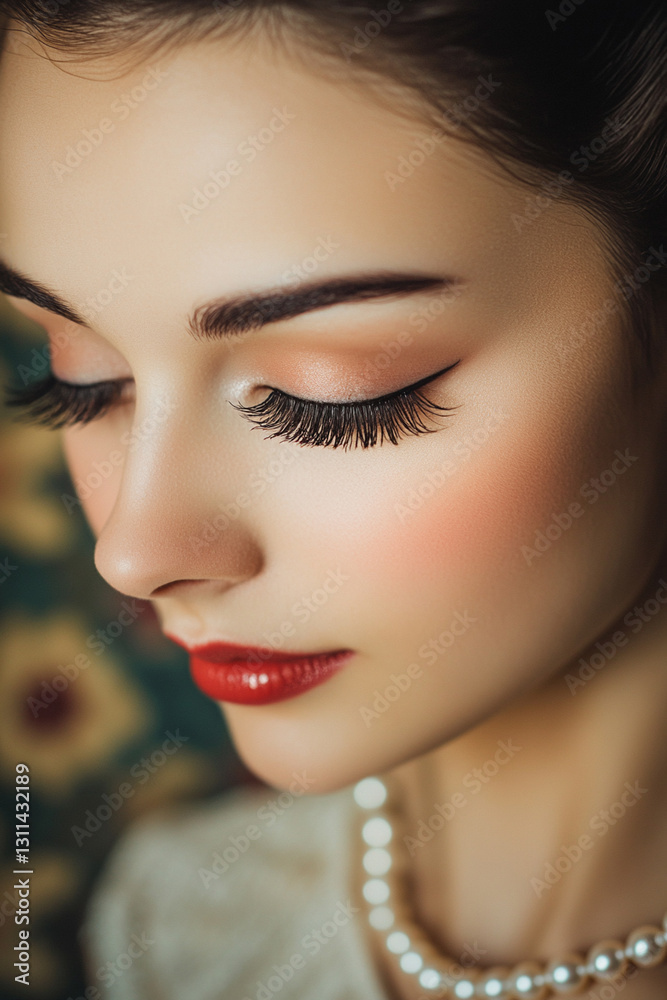 Beautiful retro girl with long eyelashes and pearl necklace against vintage interior background Beautiful retro girl with long eyelashes and pearl necklace against vintage interior background