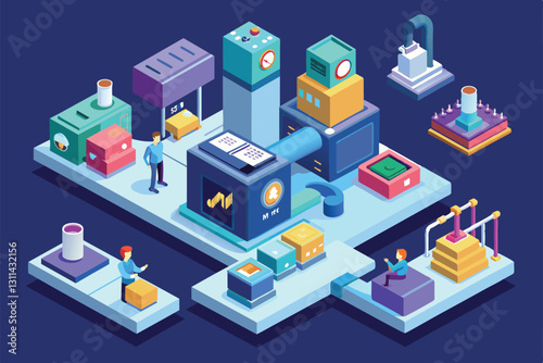 The illustration depicts a modern manufacturing process with various customizable elements and workflows, Process Customizable Isometric Illustration