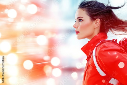 Focused Woman In Red, Dynamic Light Background.