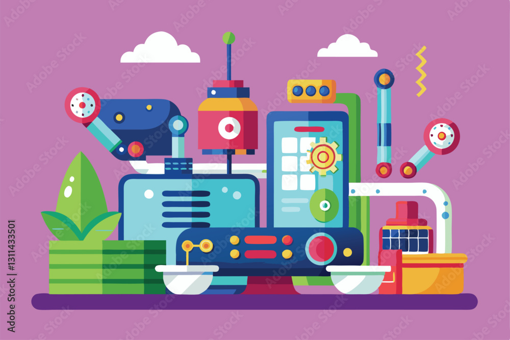 A bright, playful display of customizable semi-flat machinery set against a colorful background, Processing Customizable Semi Flat Illustration A bright, playful display of customizable semi-flat machinery set against a colorful background, Processing Customizable Semi Flat Illustration