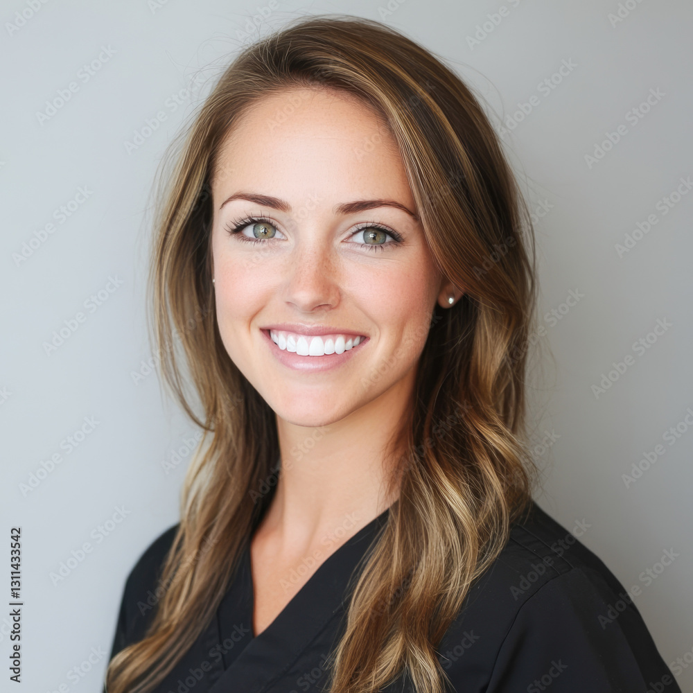 Smiling caucasian female adult with brown hair against gray background Smiling caucasian female adult with brown hair against gray background