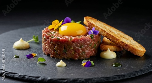Beef tartare with egg yolk and toast on a black plate – luxury food photography for restaurant menus, culinary blogs, fine dining websites and gastronomic publications