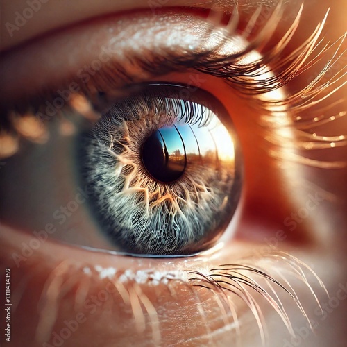 Makroaufnahme eines menschlichen Auges, faszinierende Details der Iris mit reflektierter Landschaft im Auge, scharfe Wimpern und lebendige Farben, einzigartiger Blick auf das Fenster zur Seele. photo