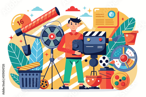 A producer organizes film equipment with lighting, cameras, and props, preparing for a creative project, Producer make a film, tv production idea