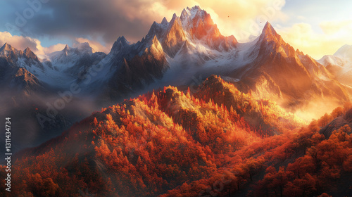 Majestic Mountain Peaks at Sunrise Over Autumn Forest Landscape