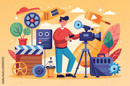 A producer engages with filming equipment in a vibrant studio, surrounded by essential production tools, Producer make a film, tv production idea