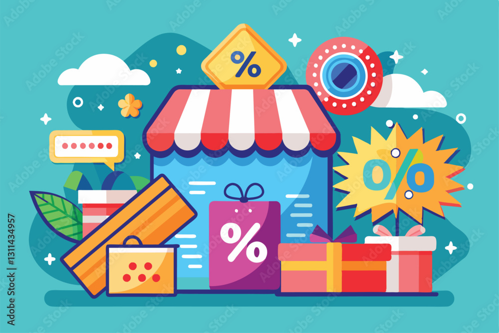Bright and vibrant discount promotion showcases a shop front with gift boxes and signs displaying special offers, Product discount promotion advertisement Bright and vibrant discount promotion showcases a shop front with gift boxes and signs displaying special offers, Product discount promotion advertisement