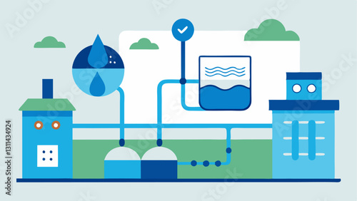 Water Treatment Plant An illustration of a water treatment facility where one half shows the physical setup and the other half displays the digital twin with realtime flow and