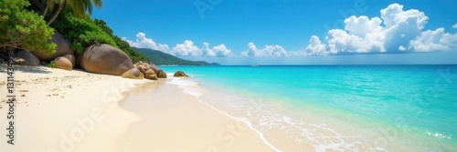 Sunny beach, clear turquoise water, fine sand, shore, calm