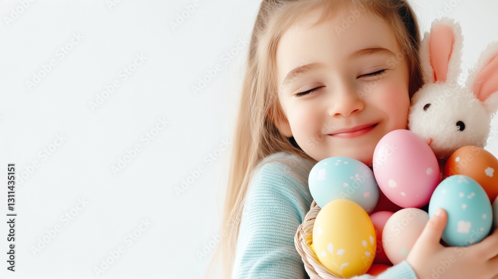 A cute, happy and smiling kid, American white girl, hugging a basket full of colorful Easter eggs on a plain white background with copy space for text. A cute, happy and smiling kid, American white girl, hugging a basket full of colorful Easter eggs on a plain white background with copy space for text.