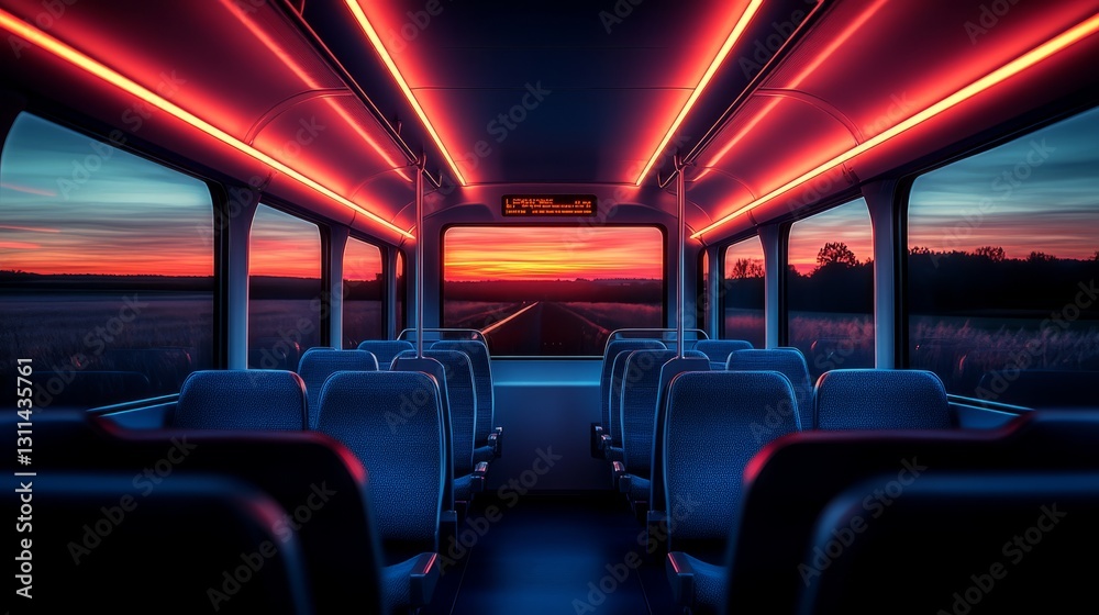 Fototapeta premium Passengers await their journey as glowing lights enhance the sunset