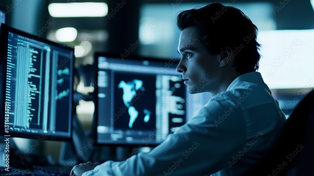 Young Investor Analyzing Stock Market Trends on Multiple Monitors in a High-Tech Finance Setup with Deep Focus Young Investor Analyzing Stock Market Trends on Multiple Monitors in a High-Tech Finance Setup with Deep Focus