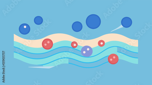 Water Molecule Transport Show a simplified graphic of water molecules being transported by nanoparticles through skin cell membranes in a dynamic flowing manner.