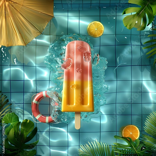  gigantic pink jelly texture popsicle is floating in the swimming pool. the popsicle is in the bottom-left corner 