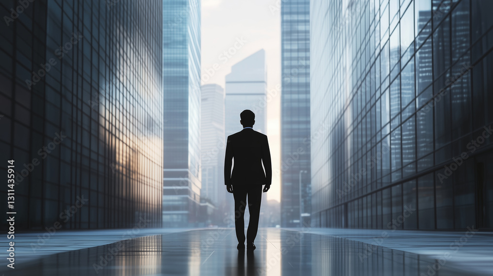 Back view of businessman standing in the city, urban landscape, looking at buildings, skyscrapers