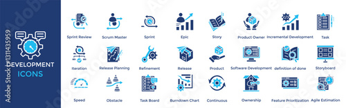 Development icon set. Containing Sprint Review, Scrum Master, Sprint, Epic, Story