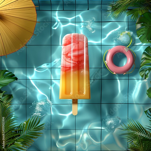  gigantic pink jelly texture popsicle is floating in the swimming pool. the popsicle is in the bottom-left corner 