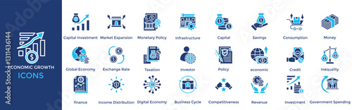 Economic Growth icon set. Containing Capital Investment, Market Expansion, Monetary Policy, Infrastructure, Capital