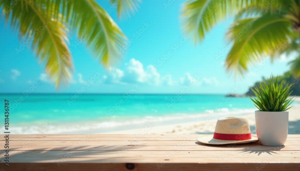 Obraz premium Empty desk with vibrant beach backdrop; summer vibes , office, simple, view