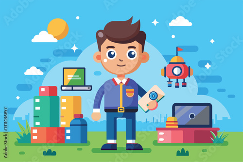 A young professional stands proudly with various gadgets and colorful products in a bright outdoor setting, Product presentation Customizable Cartoon Illustration