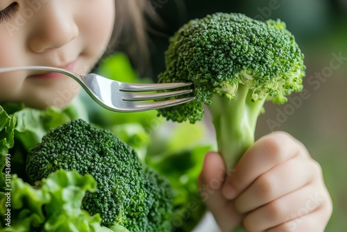 Healthy Child Eating Fresh Broccoli Vegetable Green Food Kid Diet Meal Fork Plant Tasty Dinner      