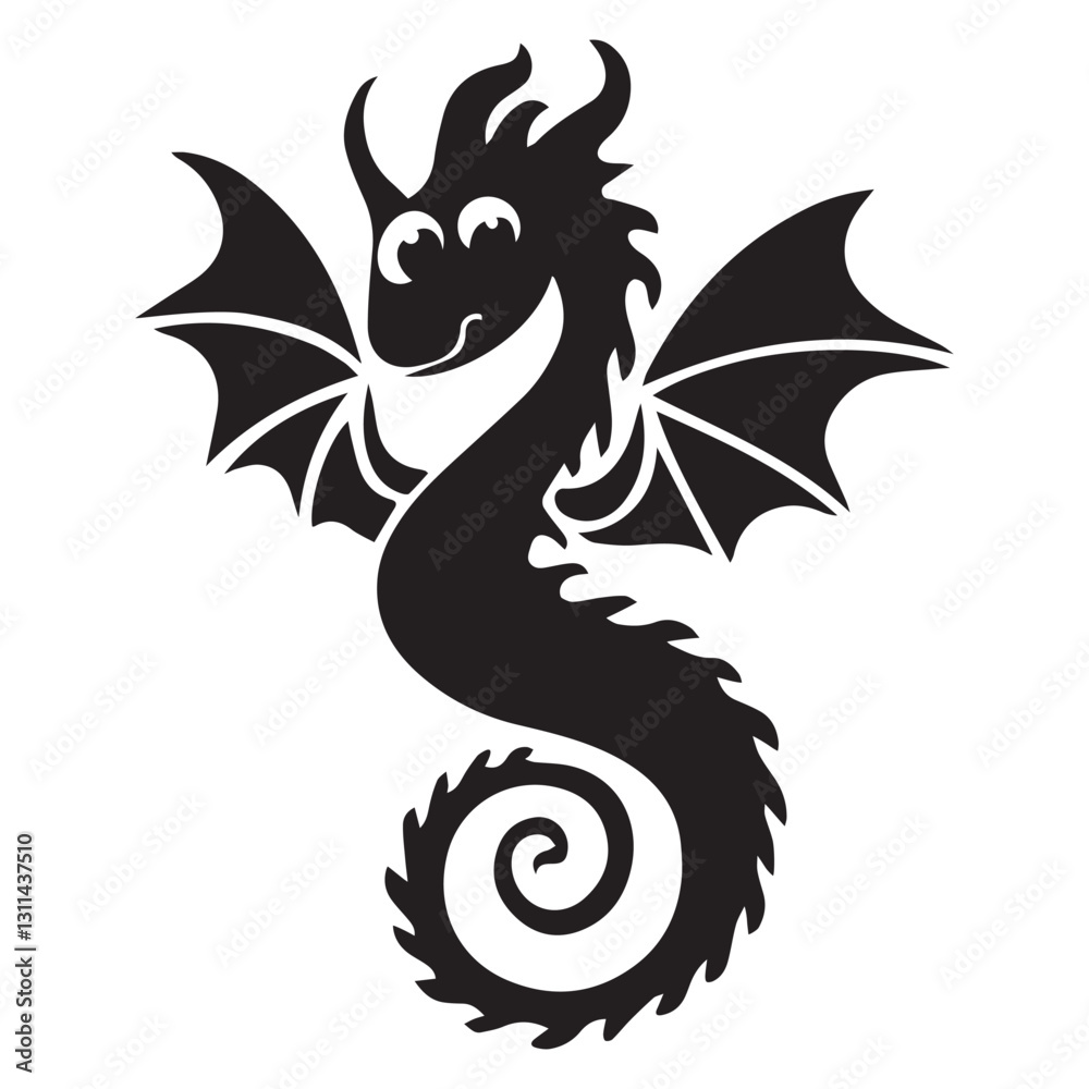 Naklejka premium Black Silhouette Fantasy Dragon Seahorse with Wings – Mythical Creature Logo Icon