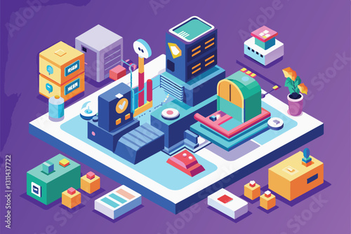 An engaging isometric illustration of a futuristic setup for product presentations with interactive elements, Product presentation Customizable Isometric Illustration