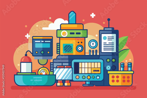 A colorful array of customizable semi flat industrial equipment featuring multiple devices and gauges, Product presentation Customizable Semi Flat Illustration