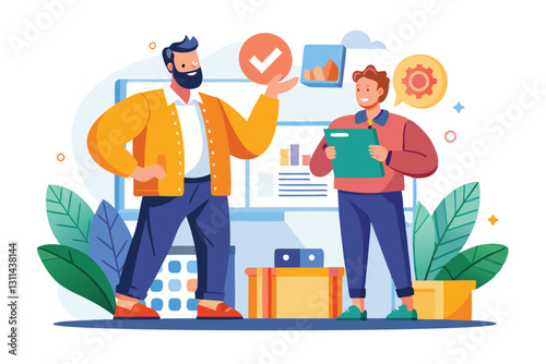 A man highlights product quality concepts while another takes notes in a contemporary office setting, Product quality concept, Man shows big guy in brand,