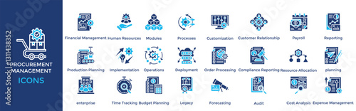 Procurement Management icon set. Containing Financial Management, Human Resources, Modules, Processes, Customization