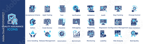 Quality Assurance icon set. Containing Acceptance Criteria, Agile Testing, Test, Verification, Validation