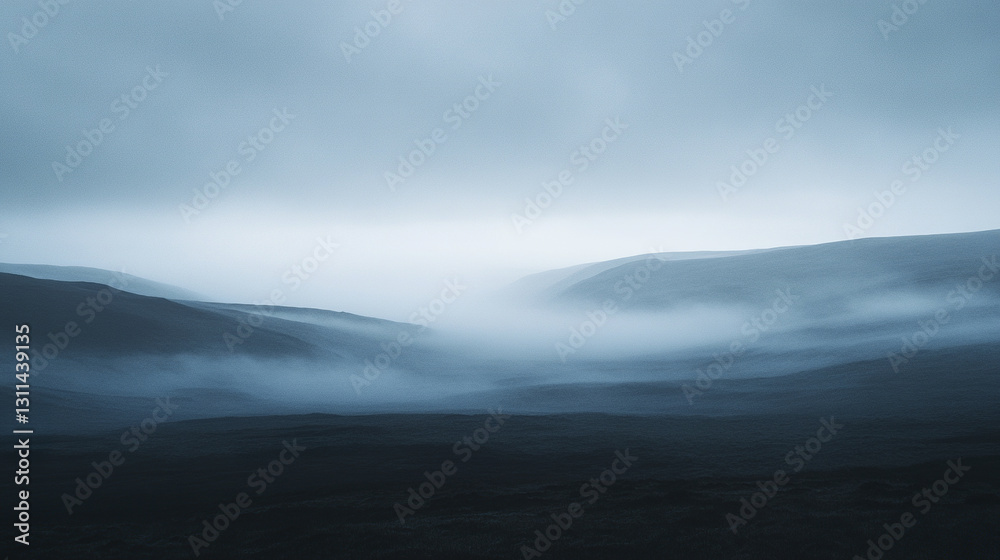 Misty moorland landscape with rolling hills and distant fog Misty moorland landscape with rolling hills and distant fog