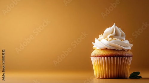 A charming cupcake adorned with cream frosting and a sprinkle of nuts, capturing the essence of warm happiness and sweet moments in a beautifully styled presentation. photo