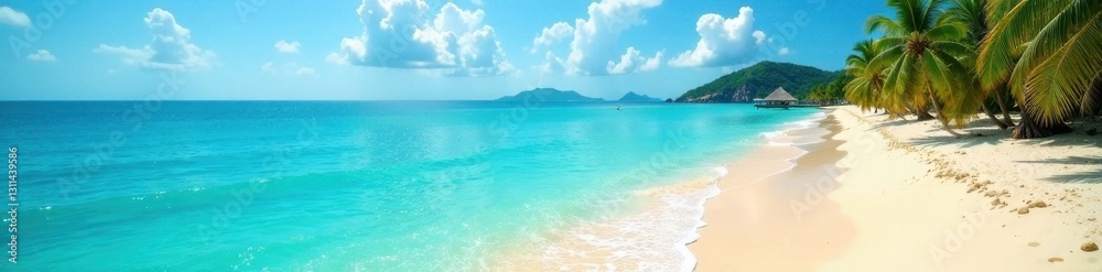 Emerald isle, turquoise waters, sun-drenched sands, panorama, island Emerald isle, turquoise waters, sun-drenched sands, panorama, island
