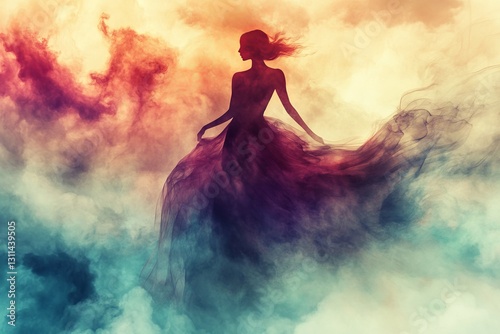 Elegant silhouette of woman in colorful swirling clouds at sunset