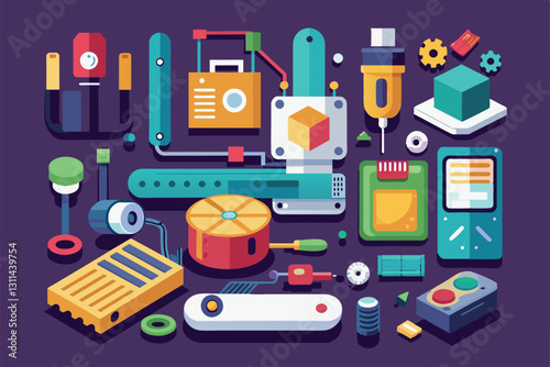 A detailed view of various tools and components in a customizable flat design setup for product teardown, Product teardown Customizable Flat Illustration