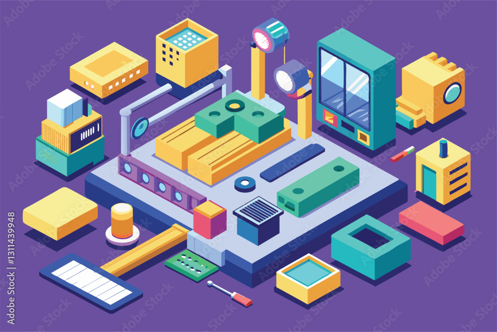A detailed isometric depiction of customizable product teardown elements, showcasing various tools and components, Product teardown Customizable Isometric Illustration A detailed isometric depiction of customizable product teardown elements, showcasing various tools and components, Product teardown Customizable Isometric Illustration
