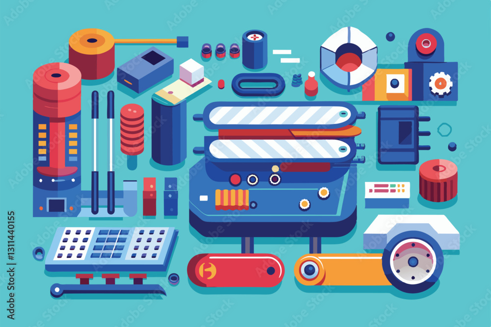 An array of colorful components and tools laid out, highlighting a detailed product teardown design, Product teardown Customizable Semi Flat Illustration An array of colorful components and tools laid out, highlighting a detailed product teardown design, Product teardown Customizable Semi Flat Illustration