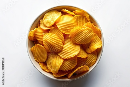 Crispy potato chips, golden and alluring, fill a bowl; a high-resolution aerial shot on a pure background.