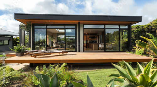 Modern beach bungalow with glass walls, tropical plants, and wooden deck-2