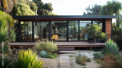 Modern beach bungalow with glass walls, tropical plants, and wooden deck-1