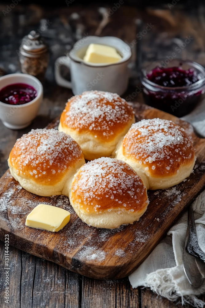 Classic French brioche bun with sugar crust, served with butter and jam