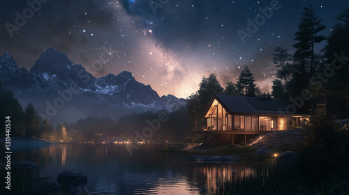 Modern cabin with lake view, glowing Milky Way-4