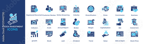 Stock Investment icon set. Containing Diversification, Gross, Commission, Business, Indicator