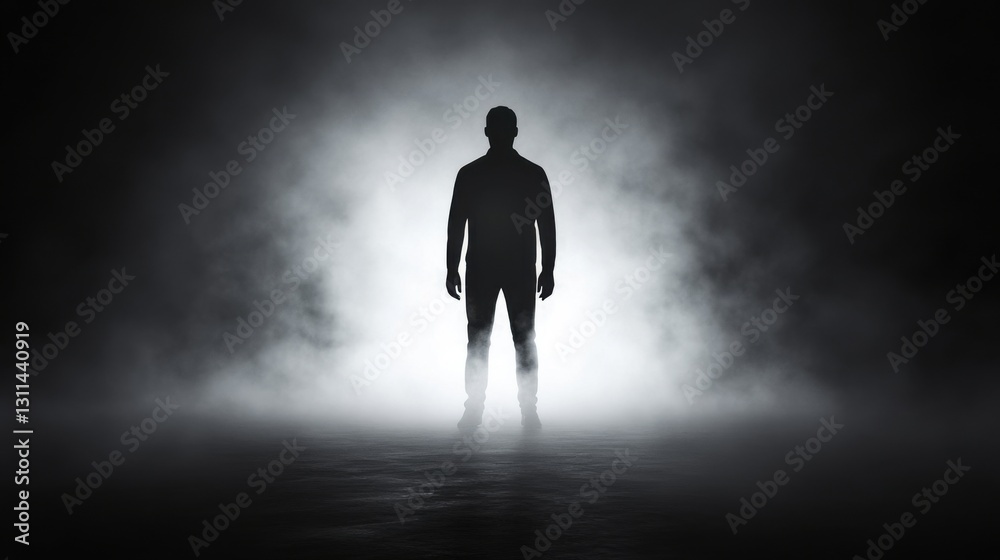 mysterious man silhouette in foggy darkness mysterious man silhouette in foggy darkness