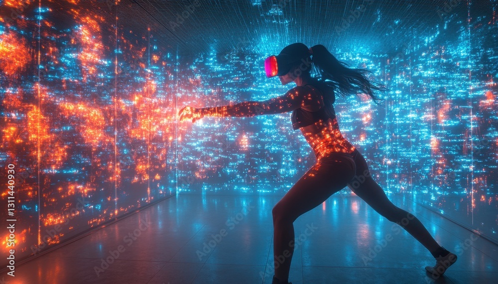 Fototapeta premium Virtual reality experience engages participant in immersive digital environment showcasing futuristic technology