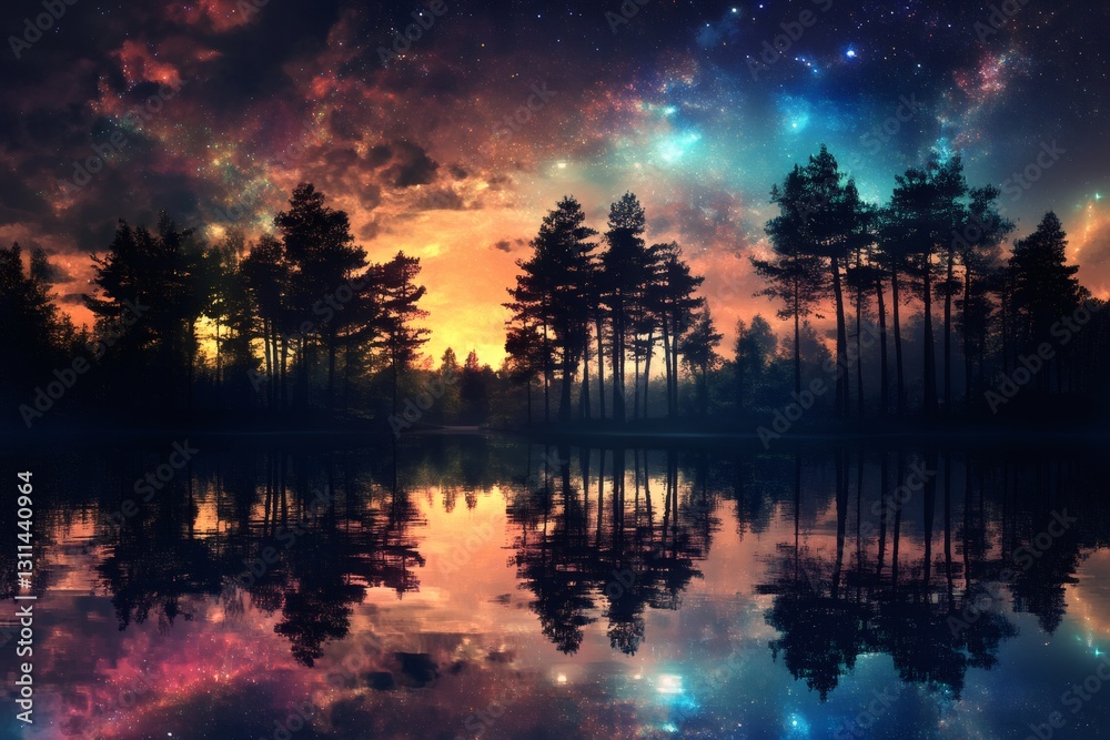 Obraz premium Celestial Reflections: A serene panorama of a calm lake reflecting the vibrant colors of the sky with the silhouettes of trees, creating a sense of peace and wonder. 